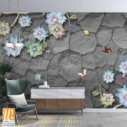3D mural on a gray stone wall with colorful flowers Wallpaper [WP-FVB-448]