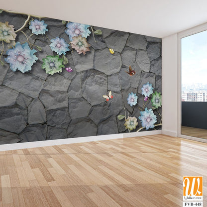 3D mural on a gray stone wall with colorful flowers Wallpaper [WP-FVB-448]