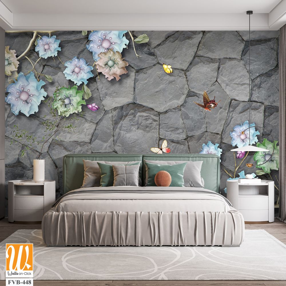 3D mural on a gray stone wall with colorful flowers Wallpaper [WP-FVB-448]