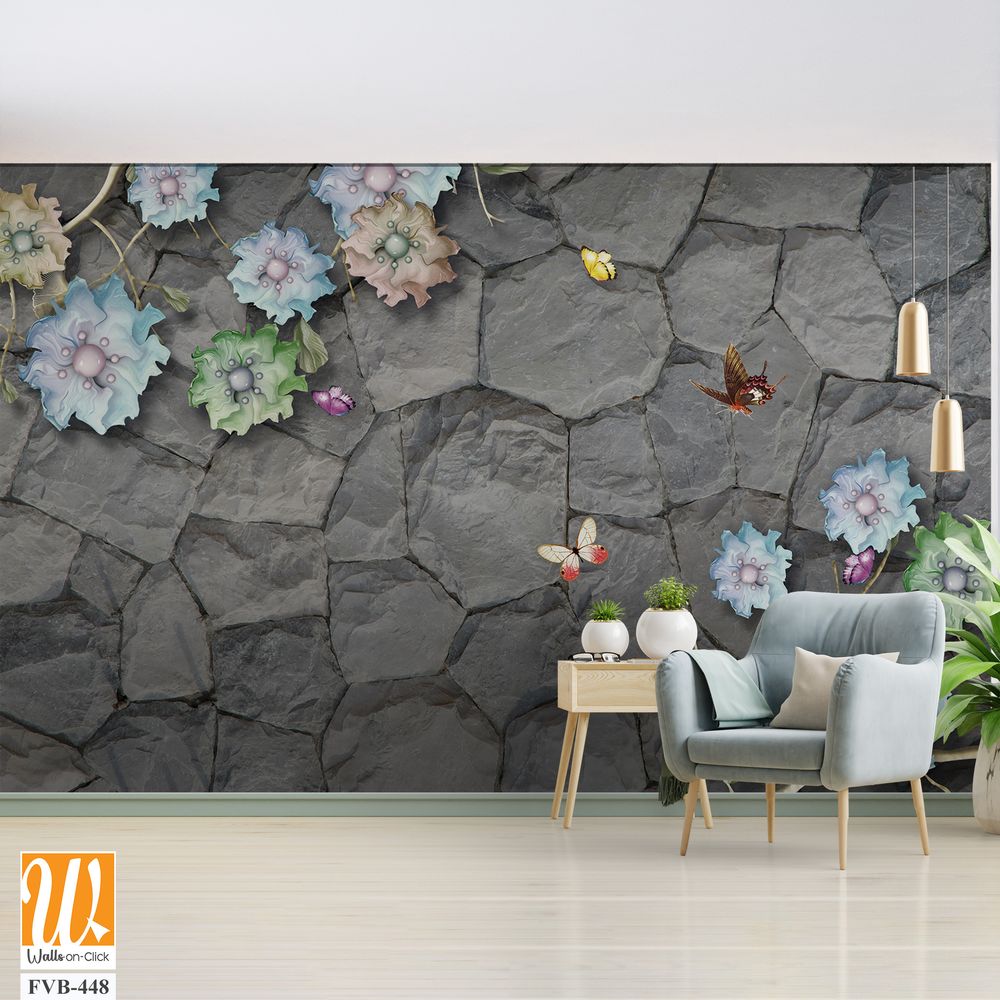 3D mural on a gray stone wall with colorful flowers Wallpaper [WP-FVB-448]