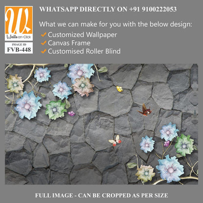 3D mural on a gray stone wall with colorful flowers Wallpaper [WP-FVB-448]