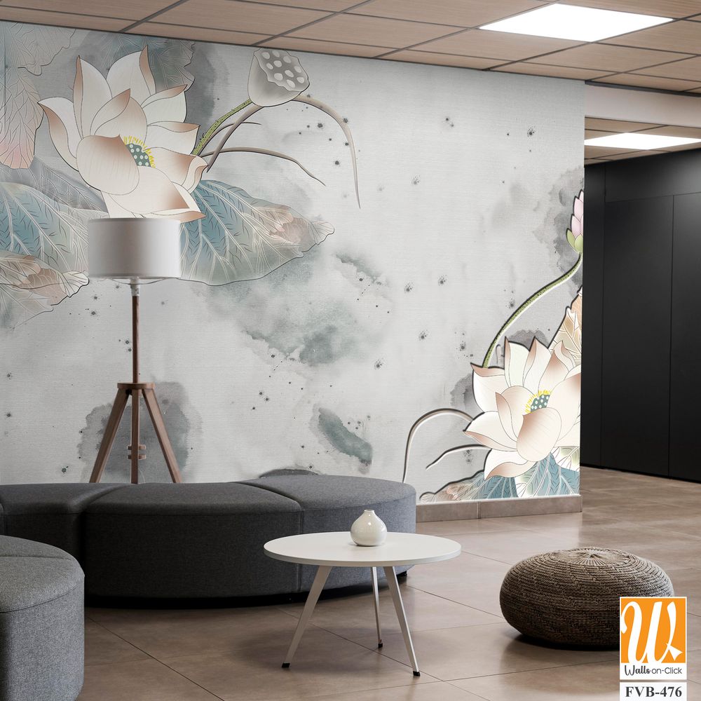 Abstract lotus flower and leaf pattern, watercolor Wallpaper [WP-FVB-476]
