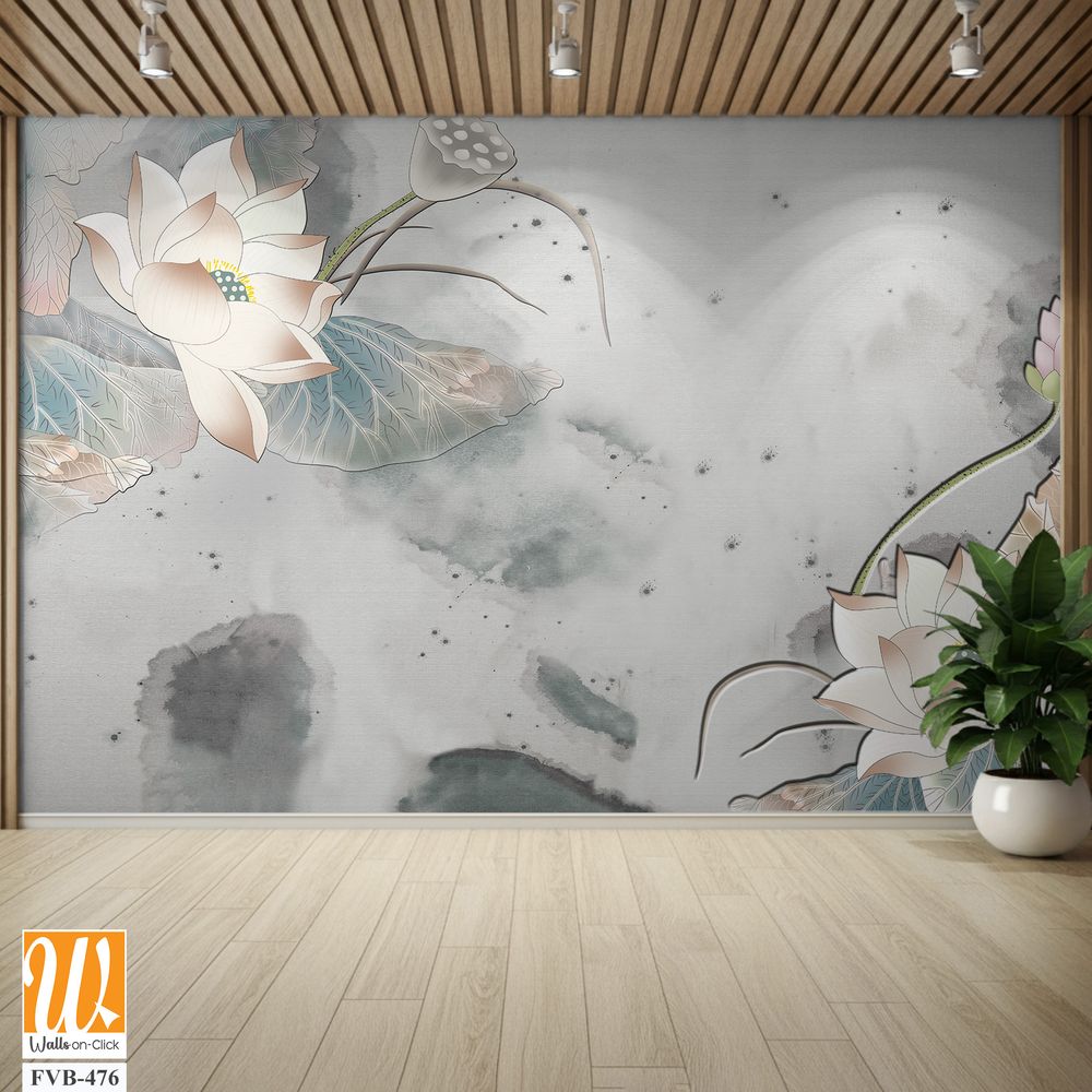 Abstract lotus flower and leaf pattern, watercolor Wallpaper [WP-FVB-476]