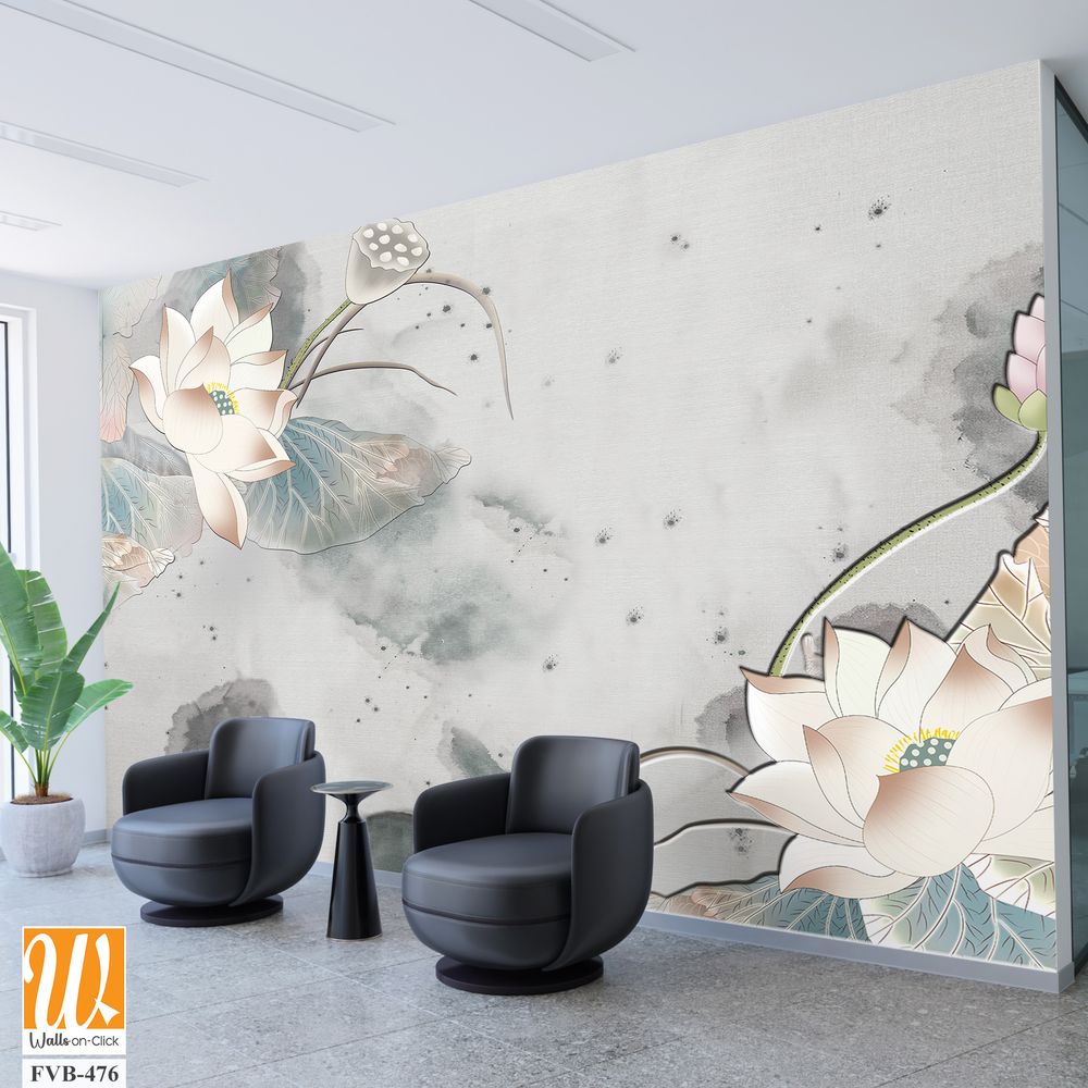 Abstract lotus flower and leaf pattern, watercolor Wallpaper [WP-FVB-476]