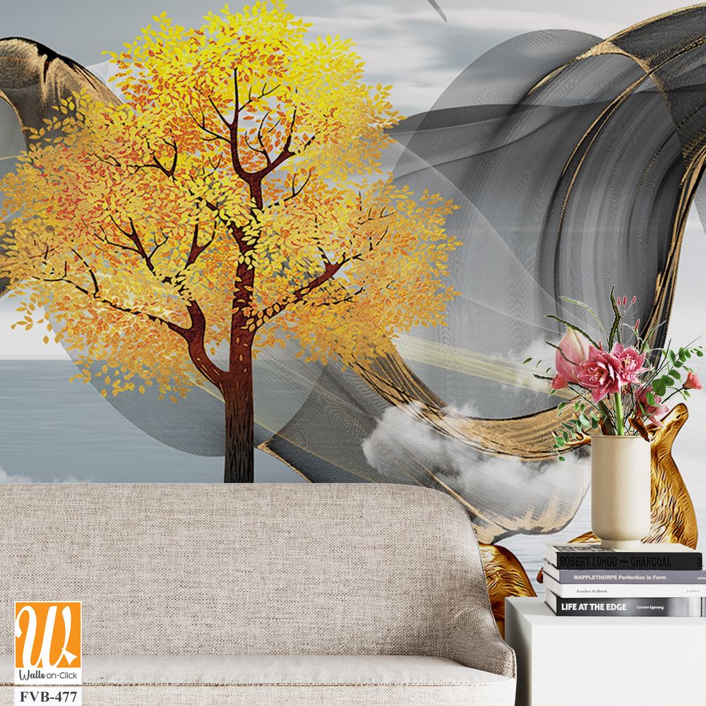 3D golden deer and trees Wallpaper [WP-FVB-477]