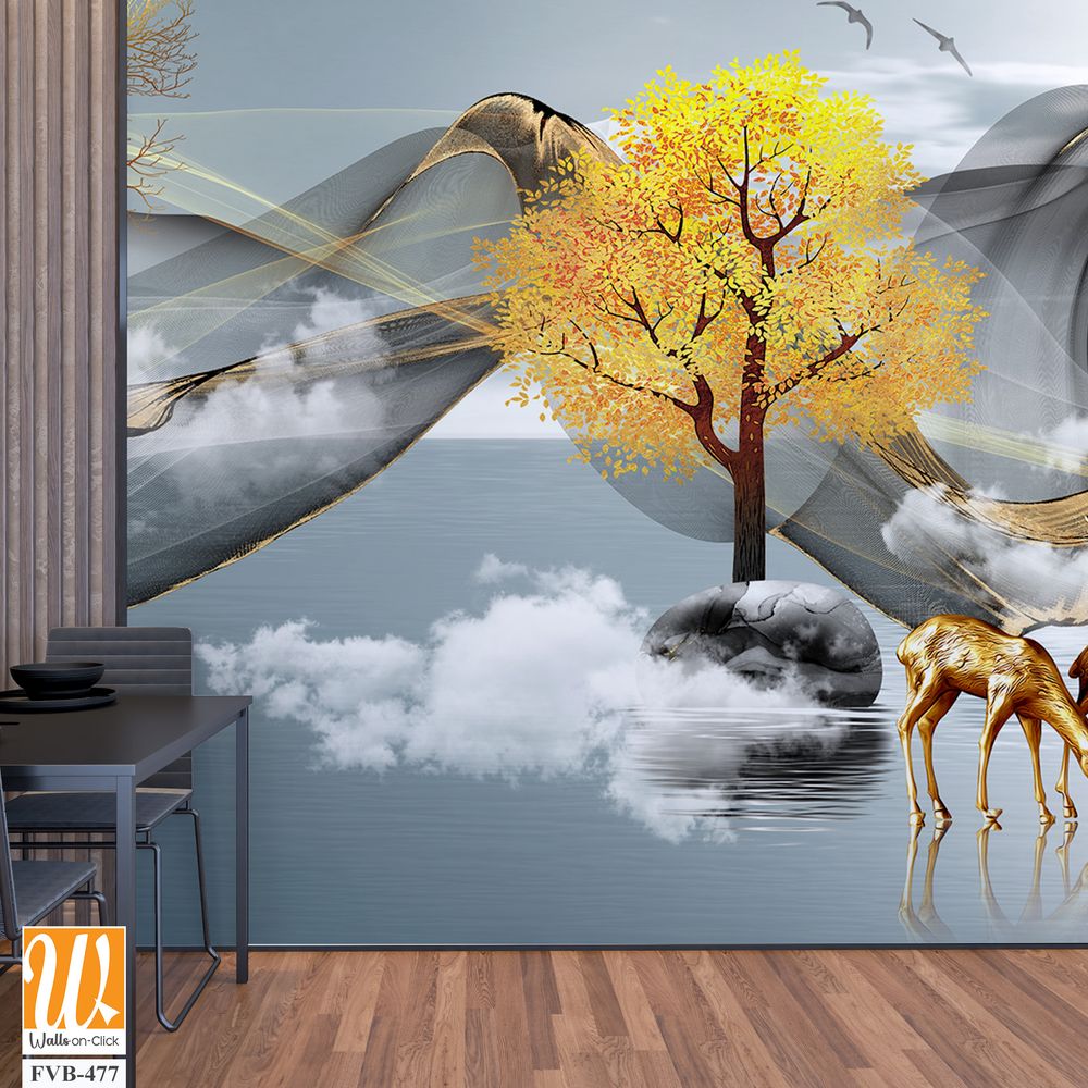 3D golden deer and trees Wallpaper [WP-FVB-477]