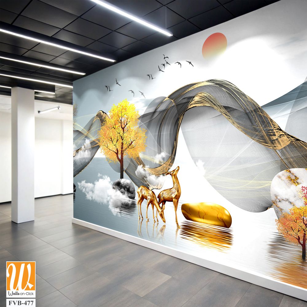 3D golden deer and trees Wallpaper [WP-FVB-477]