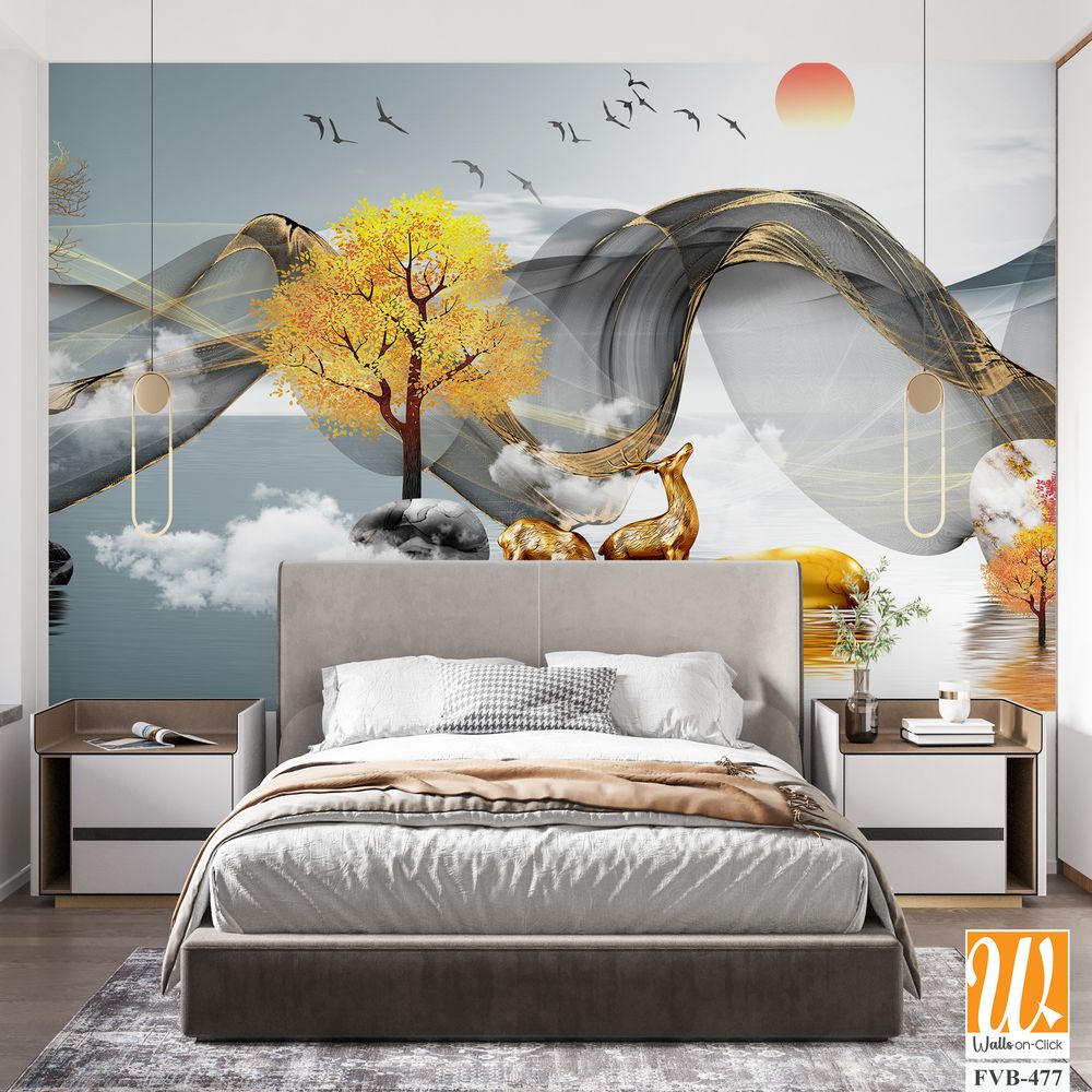 3D golden deer and trees Wallpaper [WP-FVB-477]