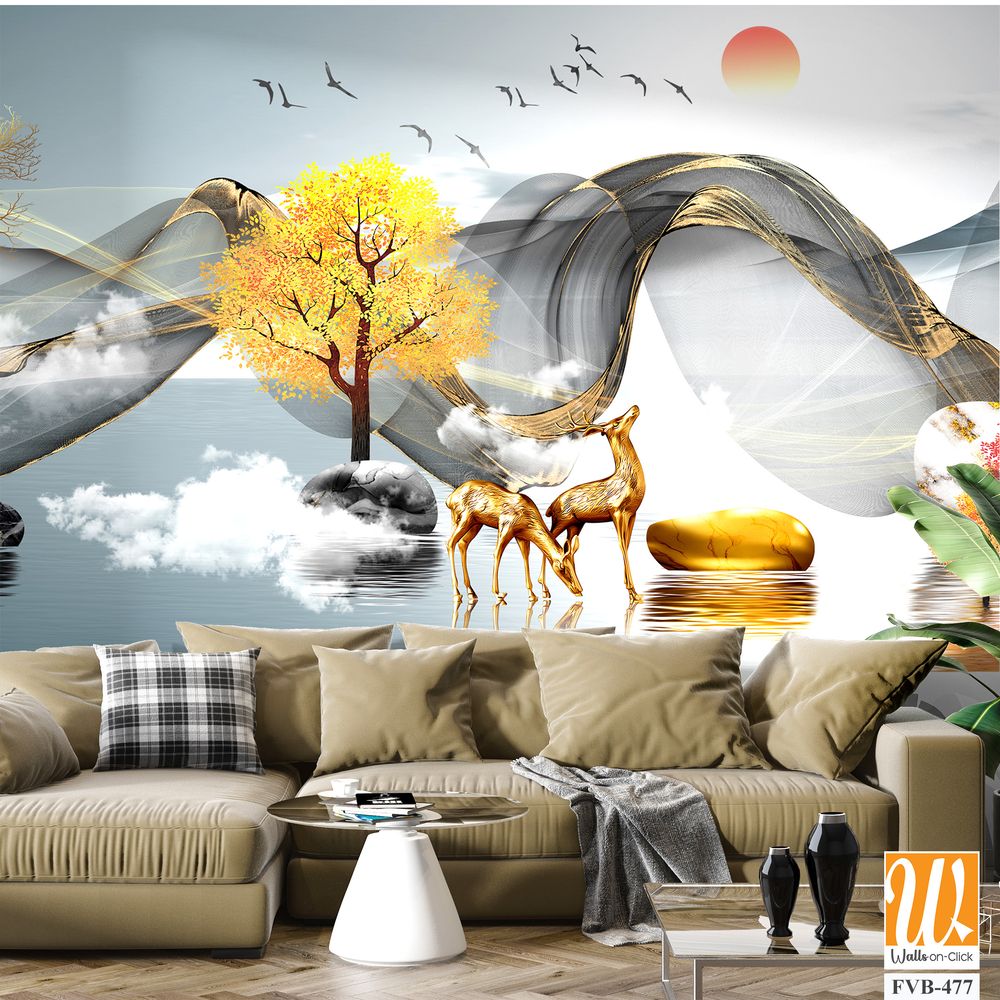 3D golden deer and trees Wallpaper [WP-FVB-477]