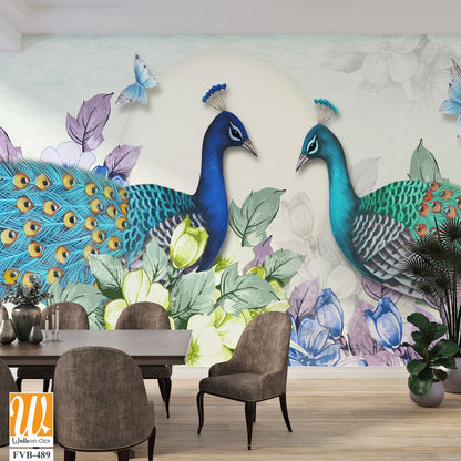Stunning peacock pair and butterfly illustration Wallpaper [WP-FVB-489]