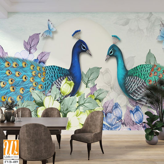 Stunning peacock pair and butterfly illustration Wallpaper [WP-FVB-489]