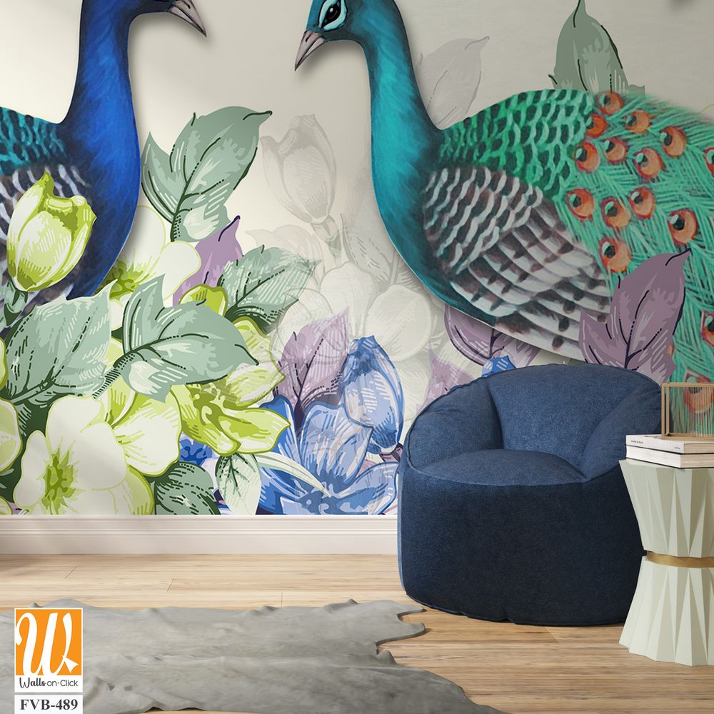 Stunning peacock pair and butterfly illustration Wallpaper [WP-FVB-489]