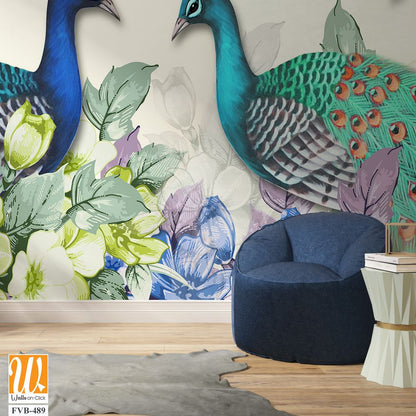 Stunning peacock pair and butterfly illustration Wallpaper [WP-FVB-489]