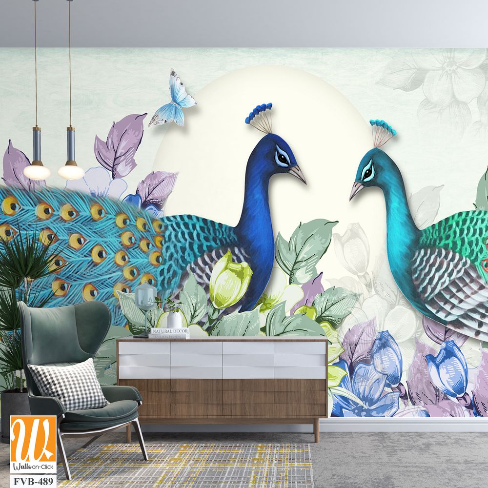 Stunning peacock pair and butterfly illustration Wallpaper [WP-FVB-489]