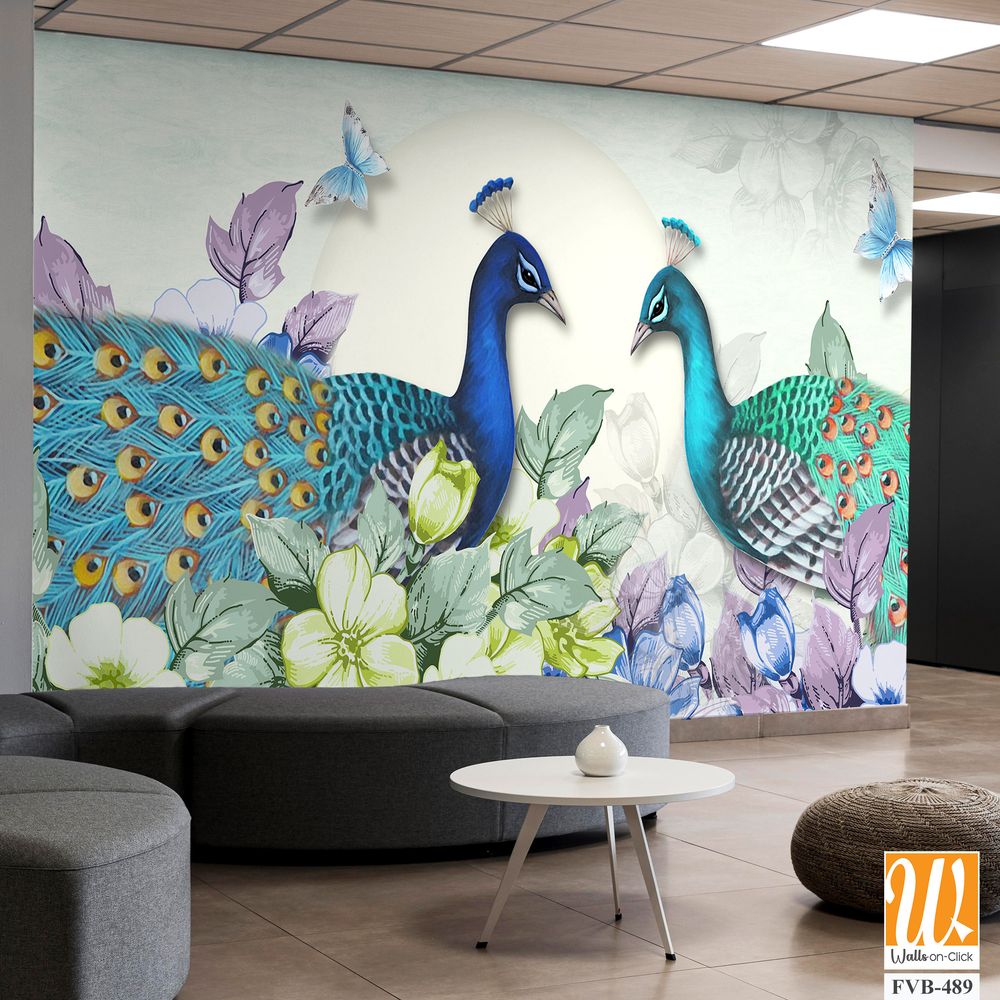 Stunning peacock pair and butterfly illustration Wallpaper [WP-FVB-489]