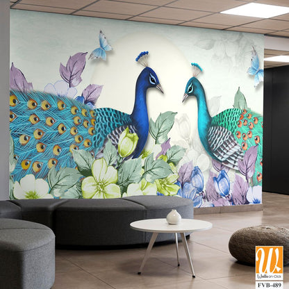 Stunning peacock pair and butterfly illustration Wallpaper [WP-FVB-489]