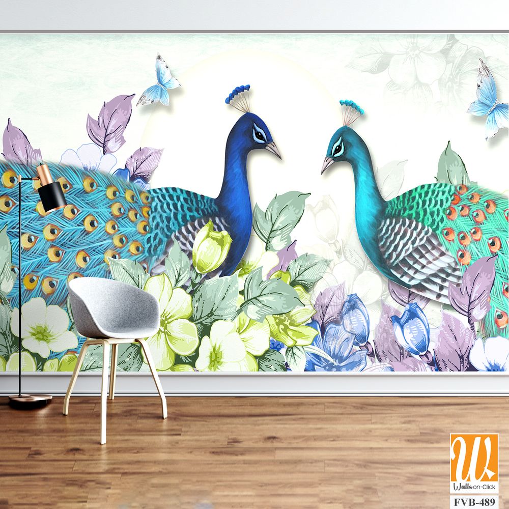 Stunning peacock pair and butterfly illustration Wallpaper [WP-FVB-489]