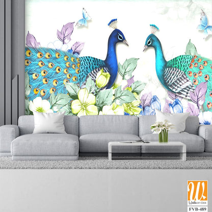 Stunning peacock pair and butterfly illustration Wallpaper [WP-FVB-489]