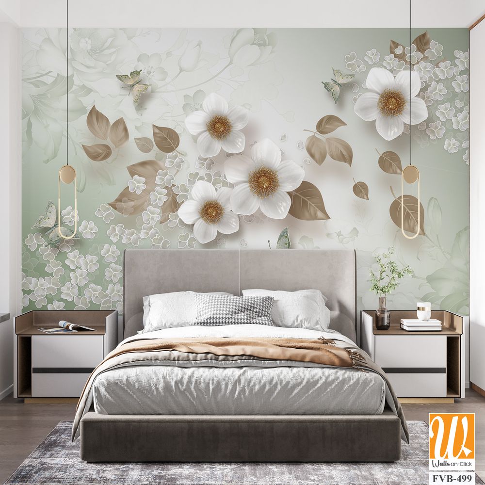 3d wallpaper white flowers and butterflies [WP-FVB-499]
