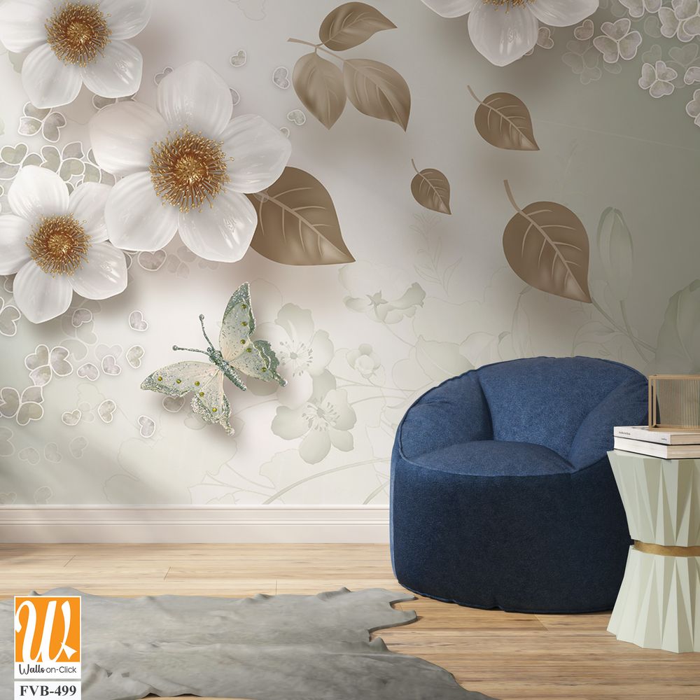 3d wallpaper white flowers and butterflies [WP-FVB-499]