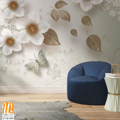 3d wallpaper white flowers and butterflies [WP-FVB-499]