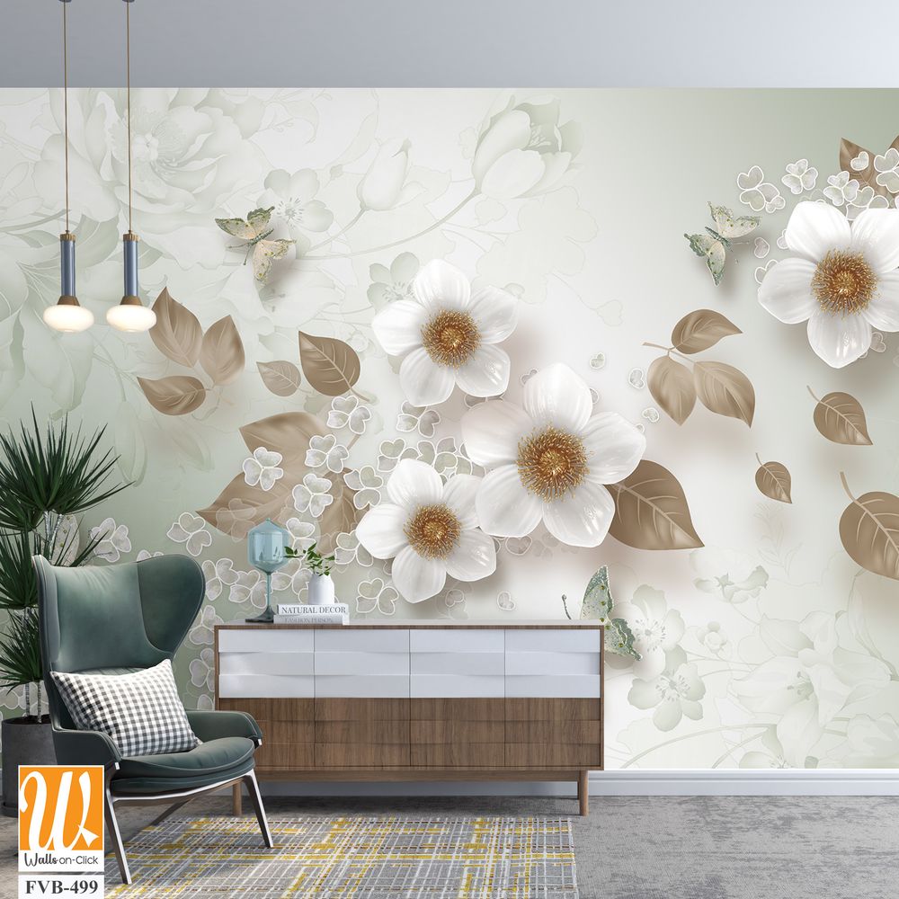 3d wallpaper white flowers and butterflies [WP-FVB-499]