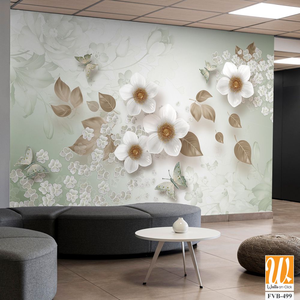 3d wallpaper white flowers and butterflies [WP-FVB-499]