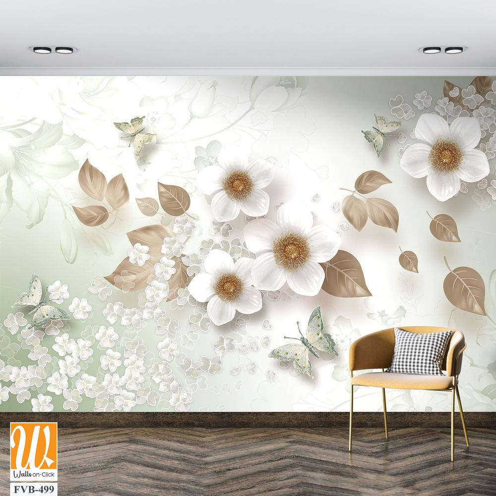 3d wallpaper white flowers and butterflies [WP-FVB-499]