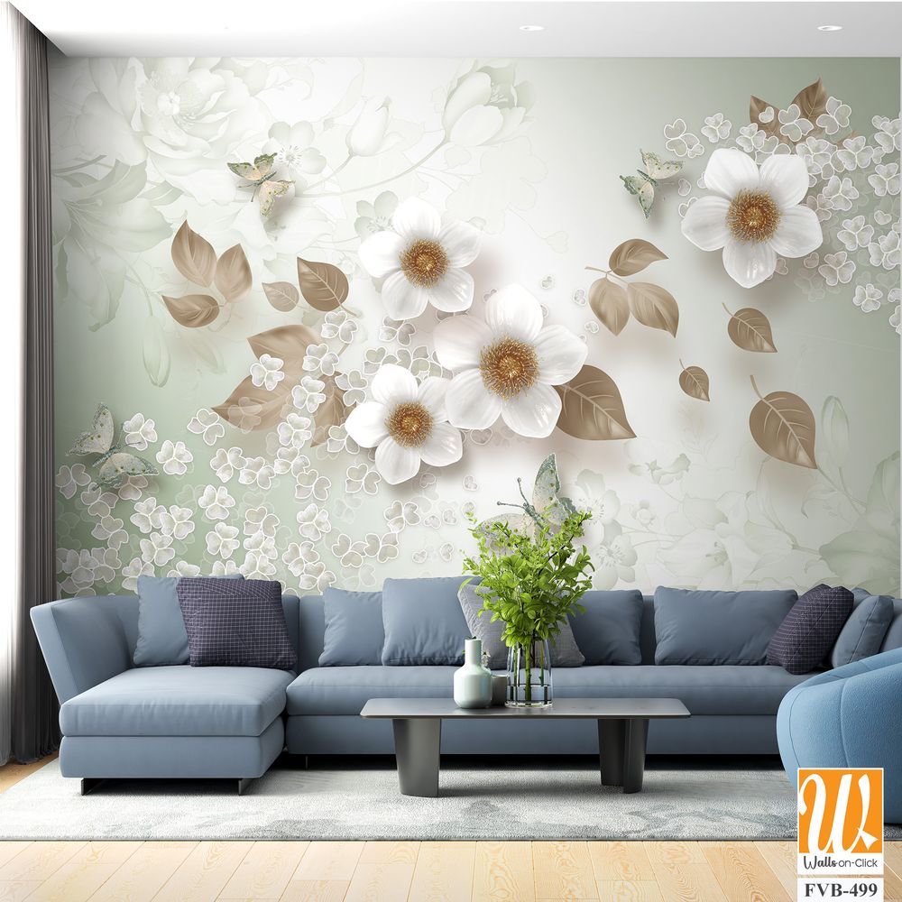 3d wallpaper white flowers and butterflies [WP-FVB-499]