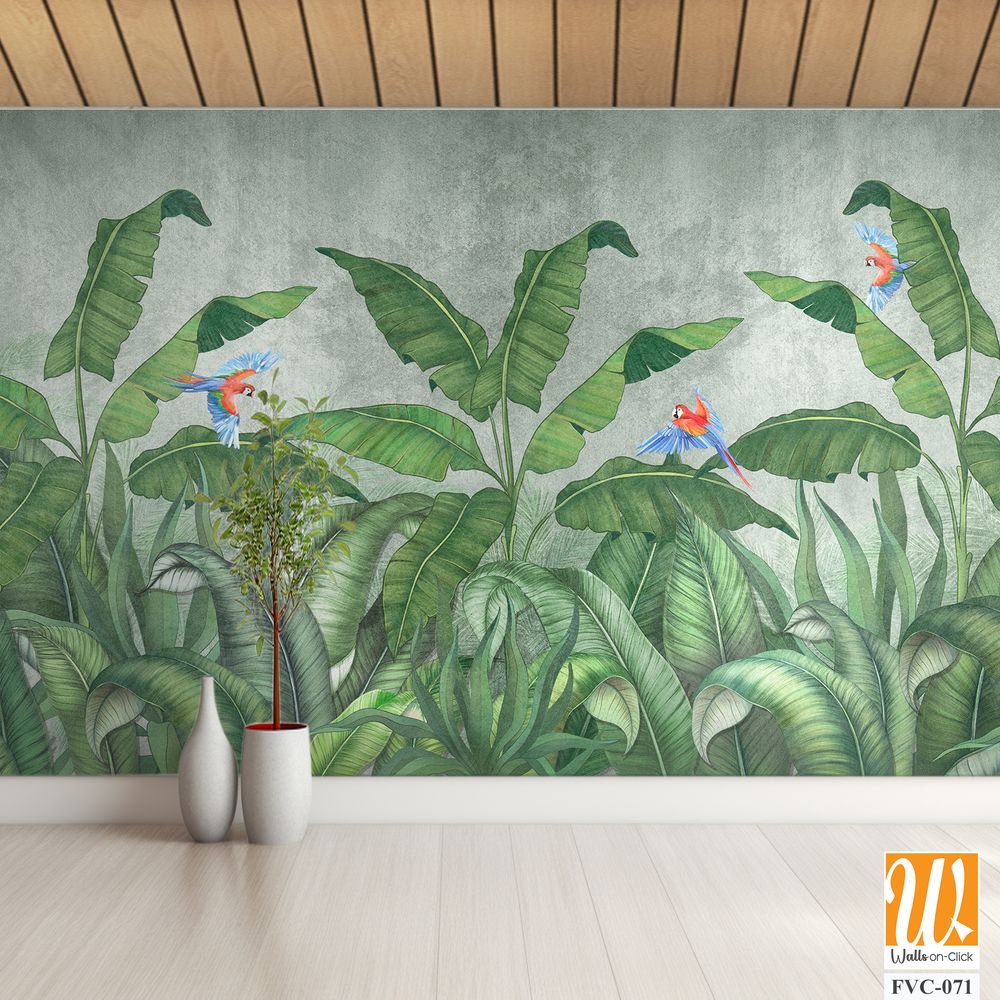 Birds of paradise among banana leaves Wallpaper [WP-FVC-071]