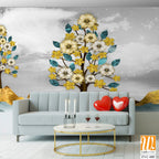 3D golden trees with yellow flowers, blue leaves Wallpaper [WP-FVC-085]