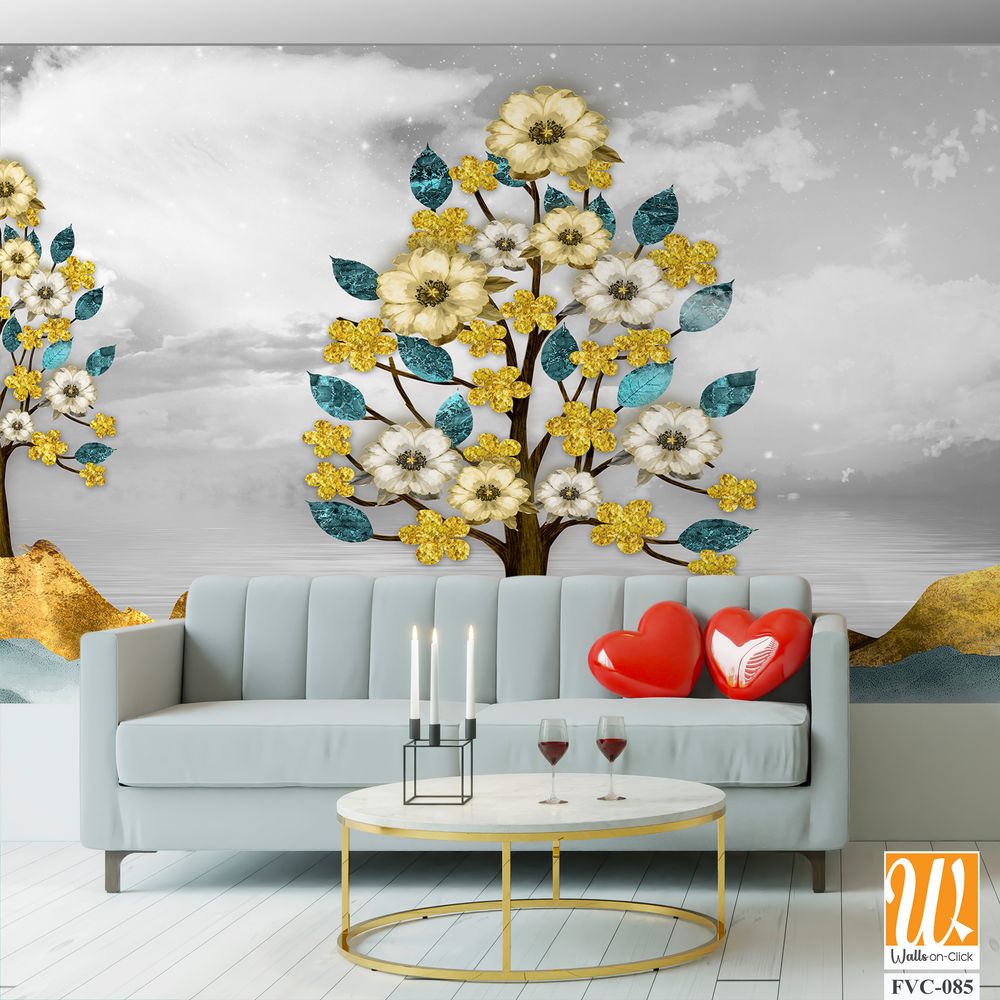 3D golden trees with yellow flowers, blue leaves Wallpaper [WP-FVC-085]