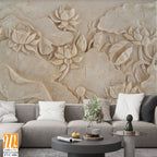 Carving of lotus flowers and leaves on cream marble Wallpaper [WP-FVC-086]