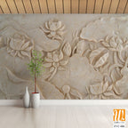Carving of lotus flowers and leaves on cream marble Wallpaper [WP-FVC-086]