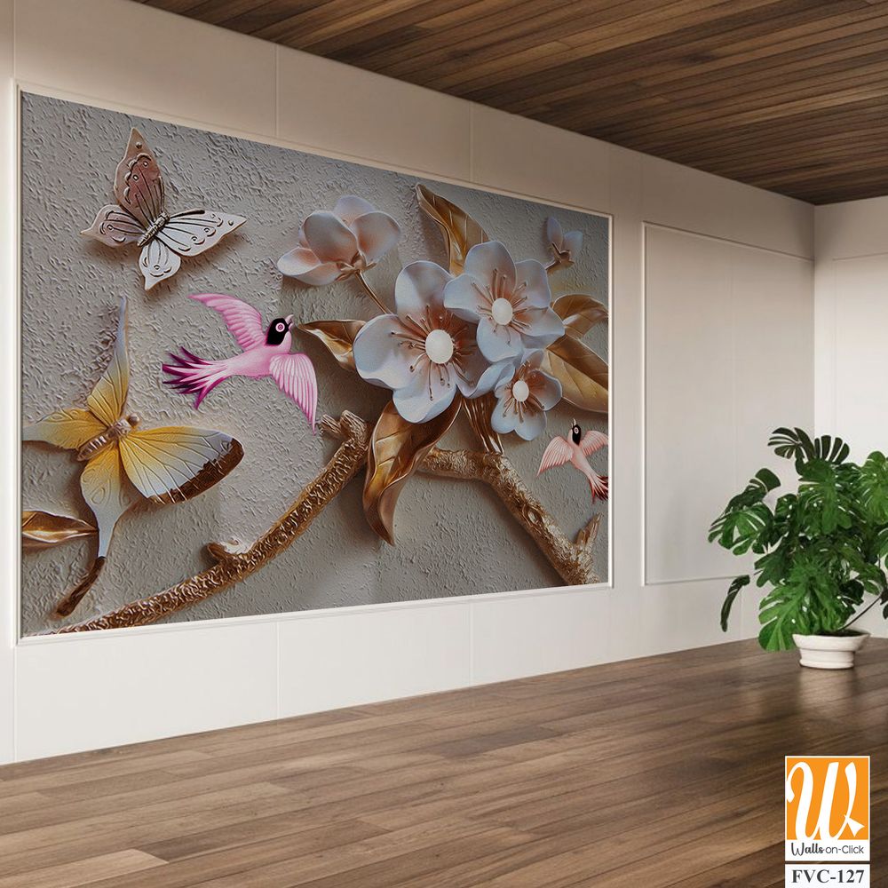 3D sculpture of flowers and birds Wallpaper [WP-FVC-127]