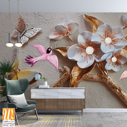 3D sculpture of flowers and birds Wallpaper [WP-FVC-127]