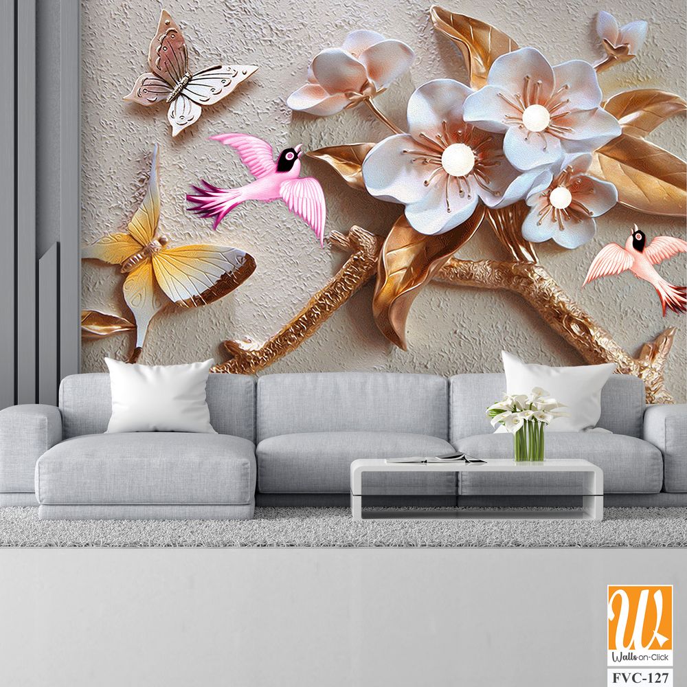 3D sculpture of flowers and birds Wallpaper [WP-FVC-127]