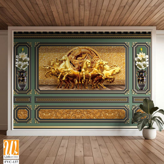 Golden decoration with 7 horses sculpture Wallpaper [WP-FVC-137]