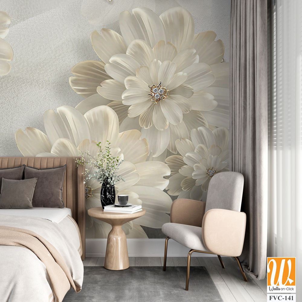 3D floral beige daisies with diamonds Wallpaper [WP-FVC-141]