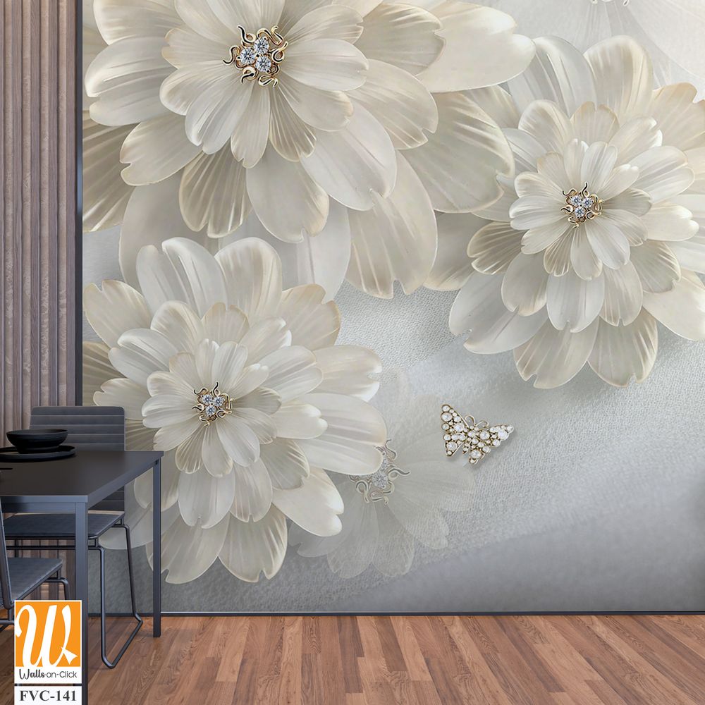 3D floral beige daisies with diamonds Wallpaper [WP-FVC-141]