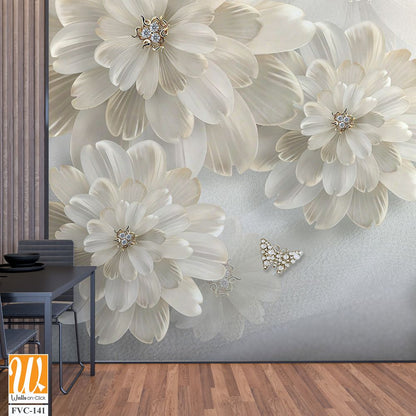 3D floral beige daisies with diamonds Wallpaper [WP-FVC-141]
