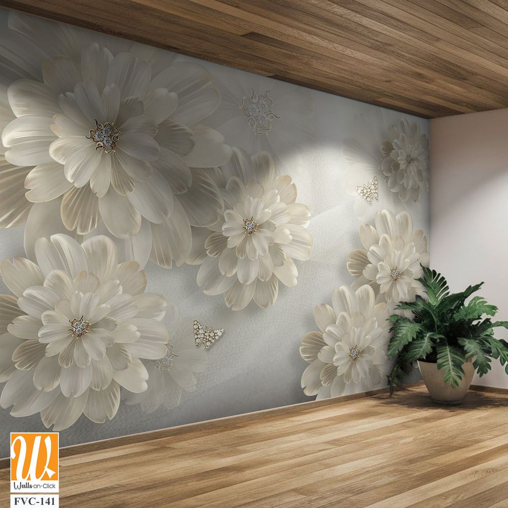 3D floral beige daisies with diamonds Wallpaper [WP-FVC-141]