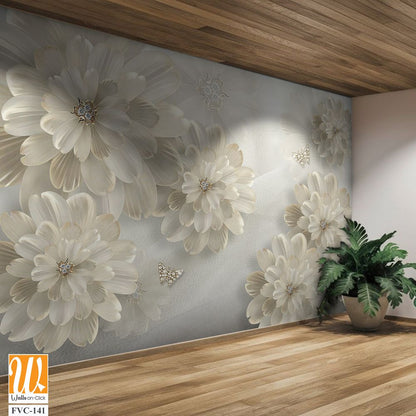 3D floral beige daisies with diamonds Wallpaper [WP-FVC-141]