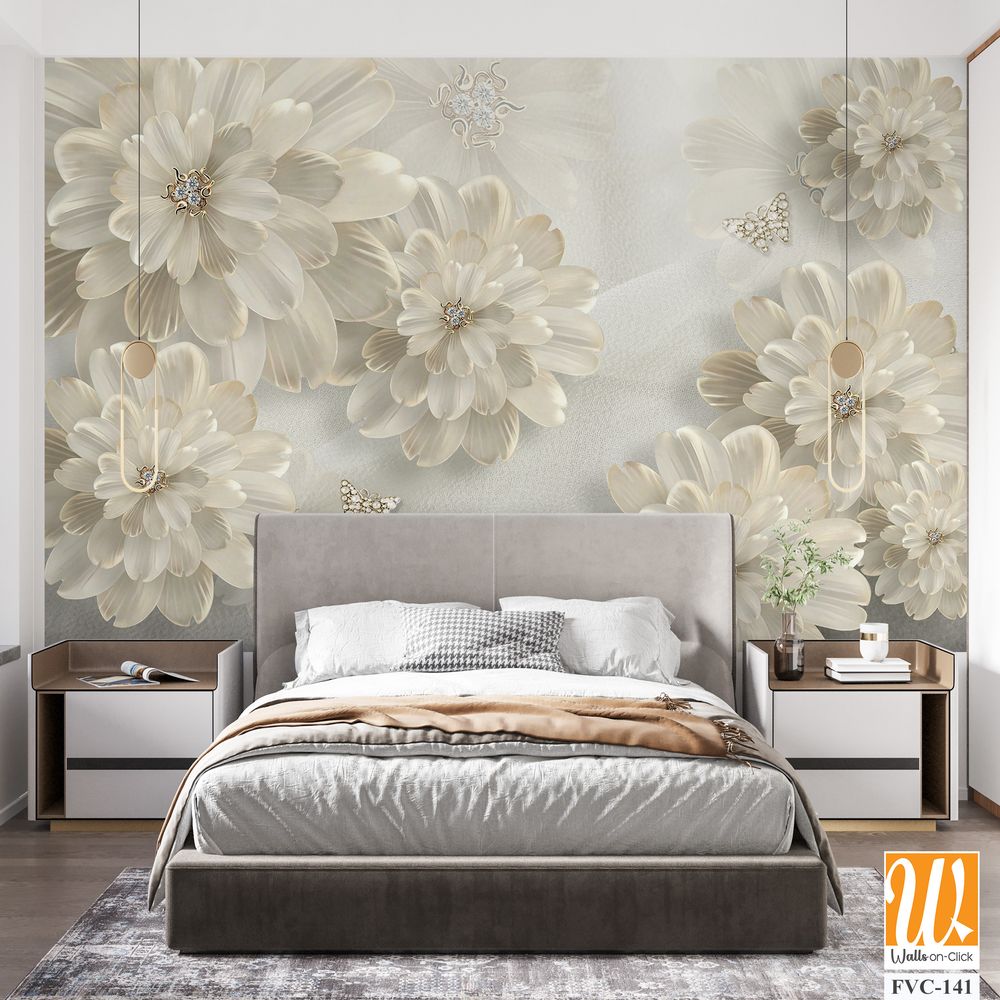 3D floral beige daisies with diamonds Wallpaper [WP-FVC-141]