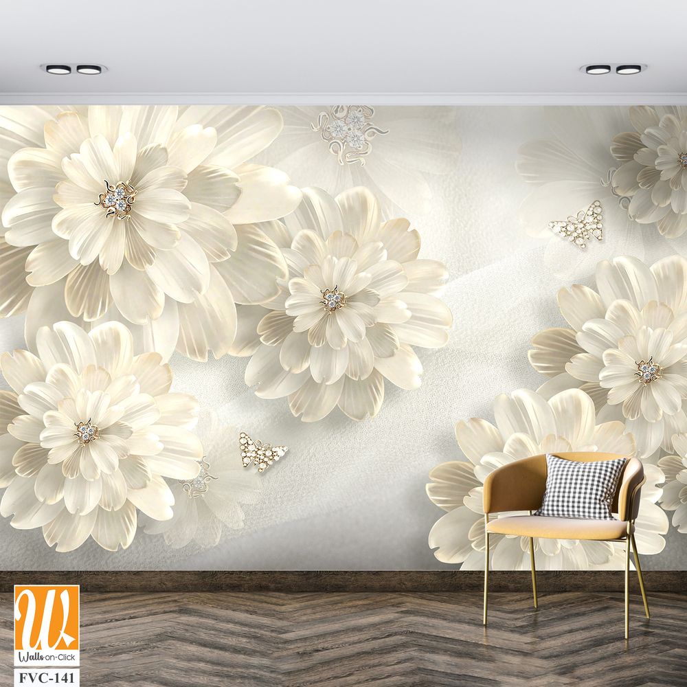 3D floral beige daisies with diamonds Wallpaper [WP-FVC-141]