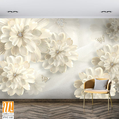 3D floral beige daisies with diamonds Wallpaper [WP-FVC-141]