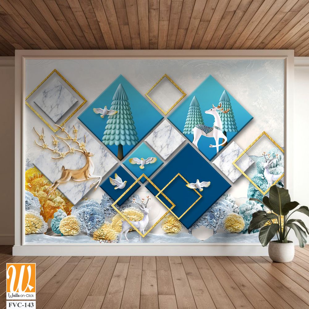 3D wallpaper with a blue marble background and a gold square frame [WP-FVC-143]