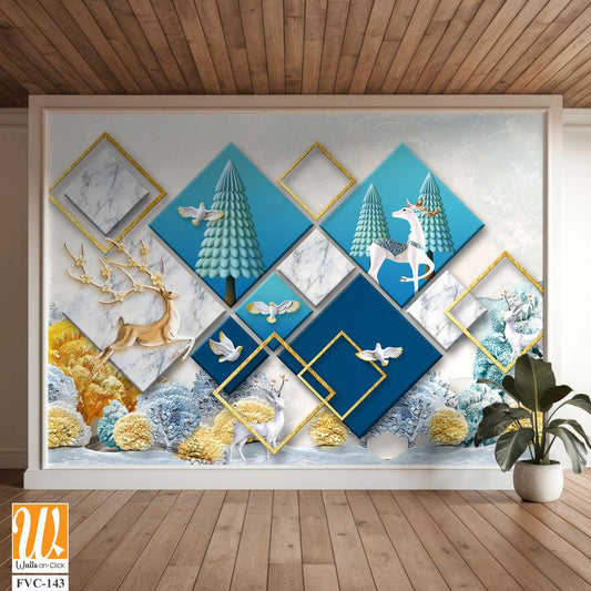 3D wallpaper with a blue marble background and a gold square frame [WP-FVC-143]