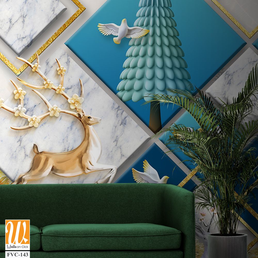3D wallpaper with a blue marble background and a gold square frame [WP-FVC-143]