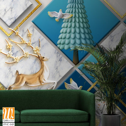 3D wallpaper with a blue marble background and a gold square frame [WP-FVC-143]